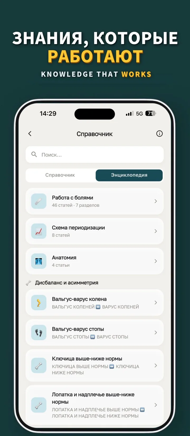 Знания, которые работают: справочник и энциклопедия — работа с болями, периодизация, анатомия, дисбалансы
