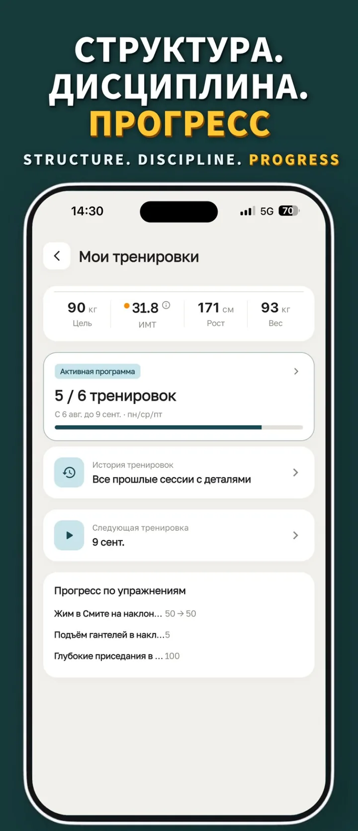Структура, дисциплина, прогресс: мои тренировки, ИМТ, активная программа и прогресс по упражнениям