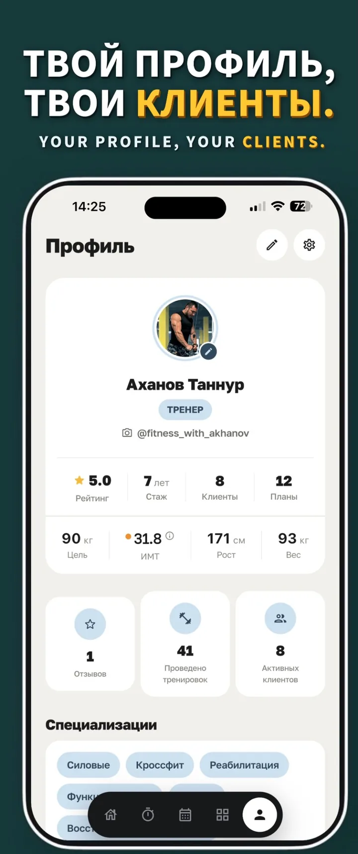 Твой профиль, твои клиенты: профиль тренера с рейтингом, стажем, клиентами и специализациями